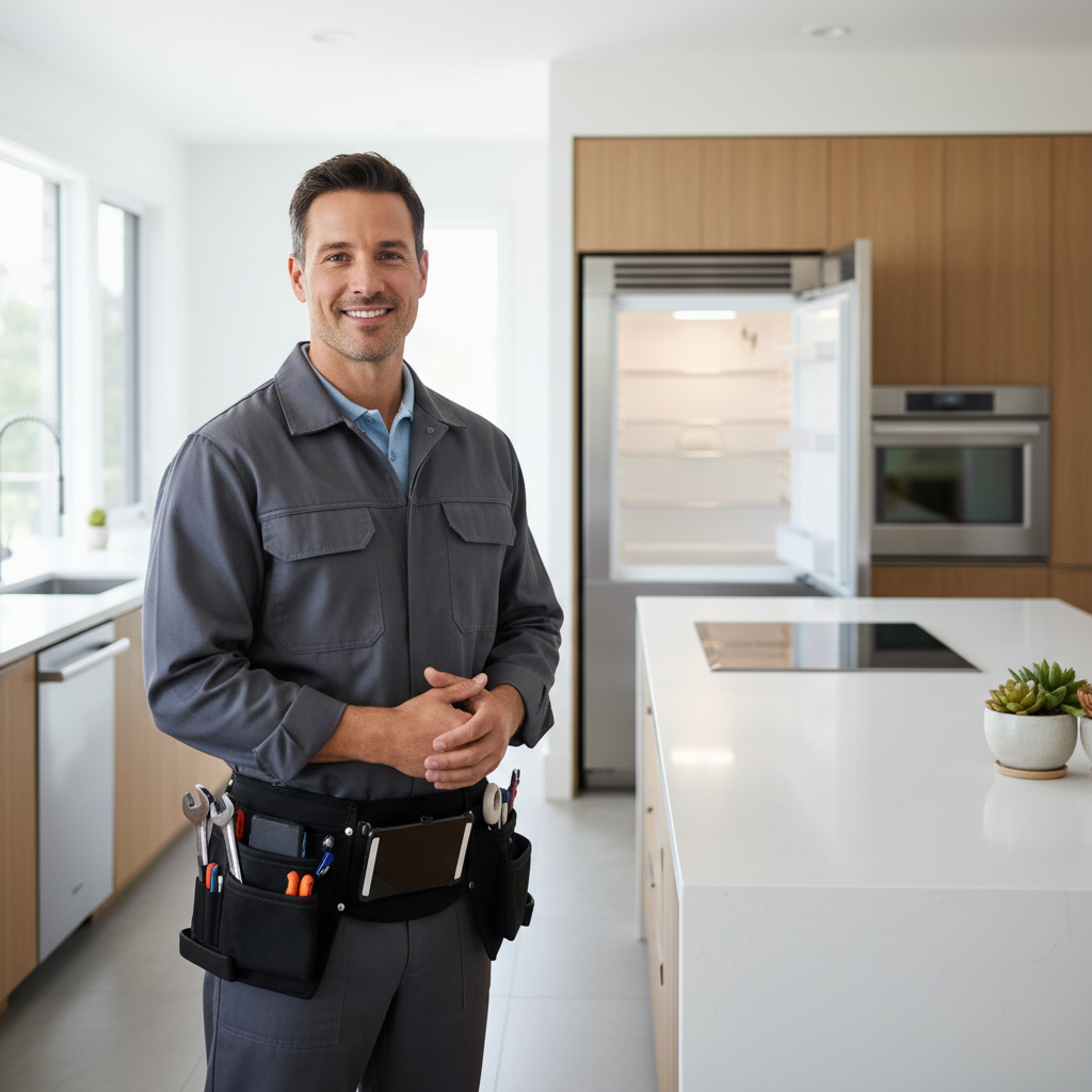 Smiling appliance repair technician in a modern kitchen