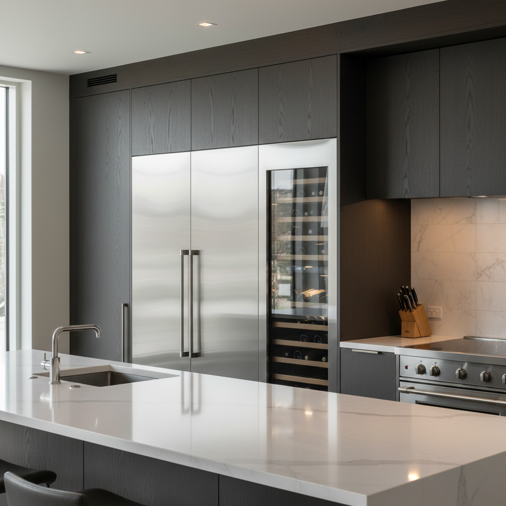 High-end kitchen appliances with refrigerator and wine cooler