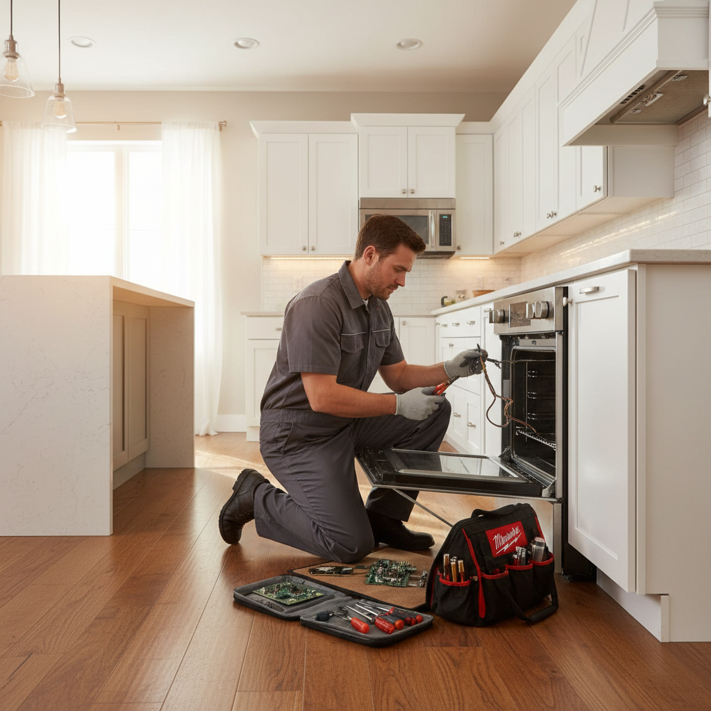 Technician repairing a built-in oven in a modern kitchen